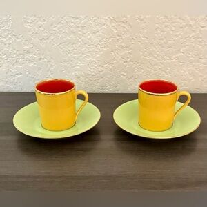 Vintage Yves Deshoulieres Set of Two Bistro Cups and Saucers France